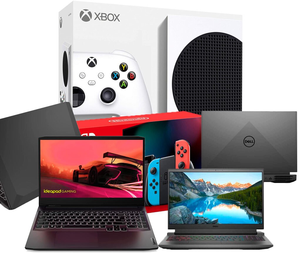 Promoção em videogames, nintendo switch, xbox series s e notebooks gamers